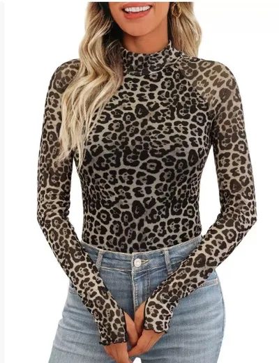 New Mesh Printed Tape Thumb Hole Turtleneck Long Sleeve Bottoming Shirt Leopard Print - Shop at LoveMi