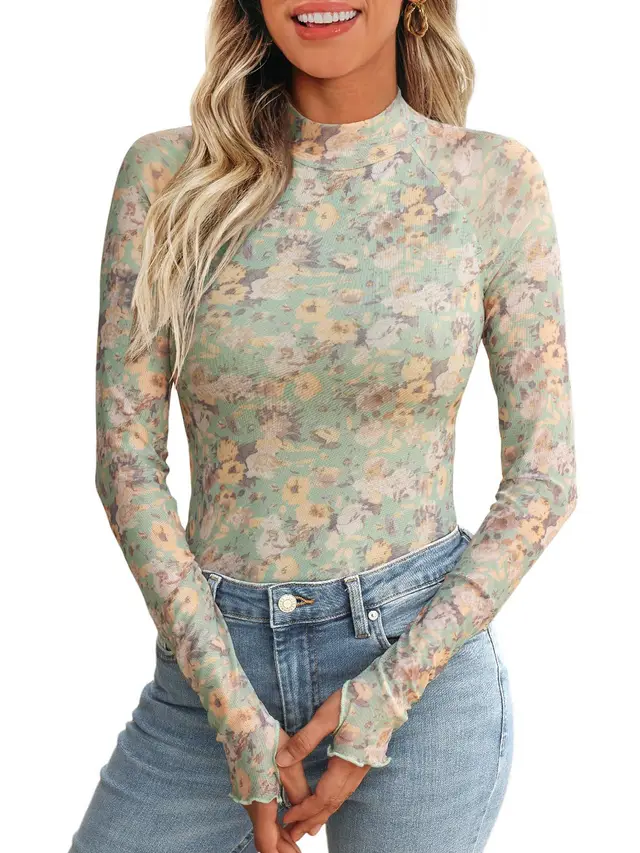 New Mesh Printed Tape Thumb Hole Turtleneck Long Sleeve Bottoming Shirt Light Green - Shop at LoveMi