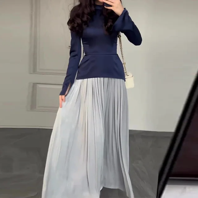 Ladies New Color Contrast Patchwork Slim fit Lace Up Long Sleeve Dress Dark Blue - Shop at LoveMi