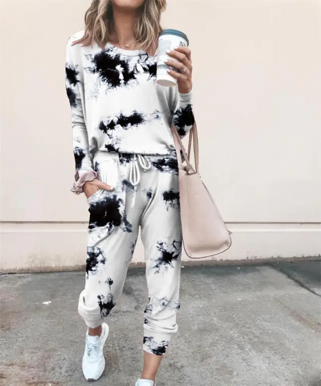 Printed Tie dye Two piece Fashion Casual Homewear Black - Shop at LoveMi