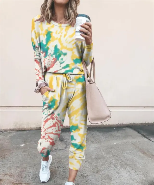 Printed Tie dye Two piece Fashion Casual Homewear Yellow - Shop at LoveMi