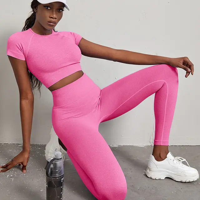 Quick drying Workout Clothes High Waist Hip Lift Yoga Pants Suit Fluorescent Powder - Shop at LoveMi