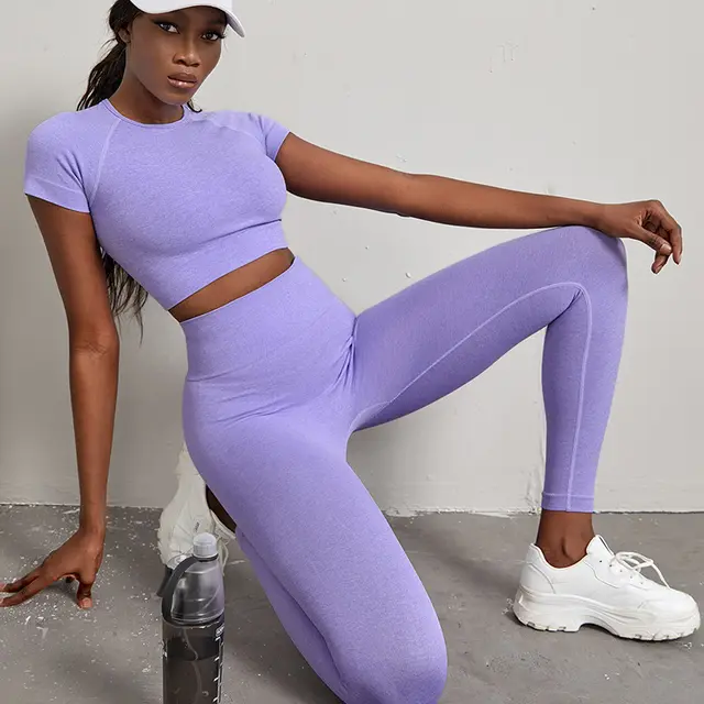 Quick drying Workout Clothes High Waist Hip Lift Yoga Pants Suit Purple - Shop at LoveMi
