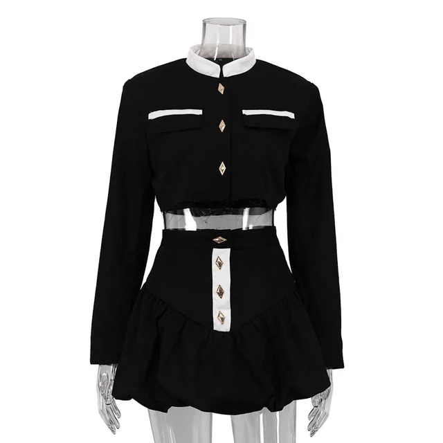 Stand up Collar Long Sleeve Shirt & Bud Skirt Two piece Set Black - Shop at LoveMi