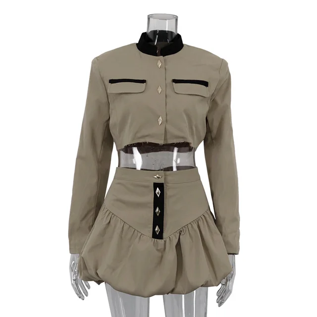Stand up Collar Long Sleeve Shirt & Bud Skirt Two piece Set Brown - Shop at LoveMi