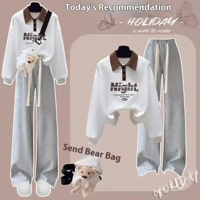 New Spring And Autumn Fashion Wide Leg Pants Two piece Set White K10 Gray Pants - Shop at LoveMi