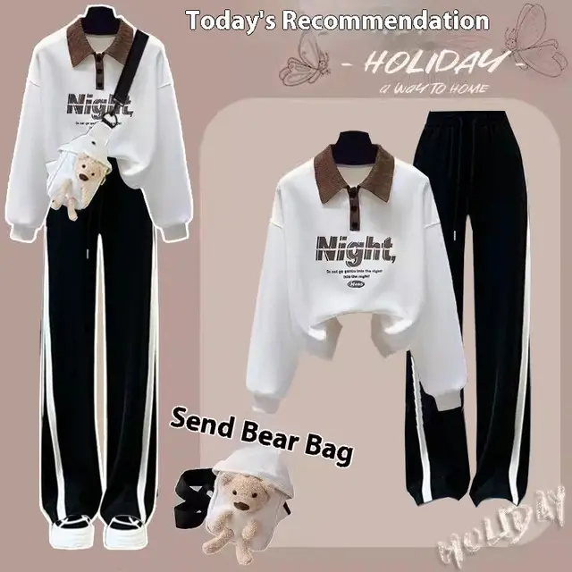 New Spring And Autumn Fashion Wide Leg Pants Two piece Set White S2 White Striped Black - Shop at LoveMi