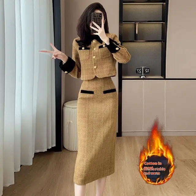 Women's French Style High grade Tweed Chanel's Style Skirt Coat Set Khaki - Shop at LoveMi