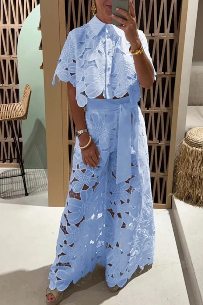 Solid Color Sexy Cutout Cardigan Top Wide Leg Pants Two piece Set Blue - Shop at LoveMi
