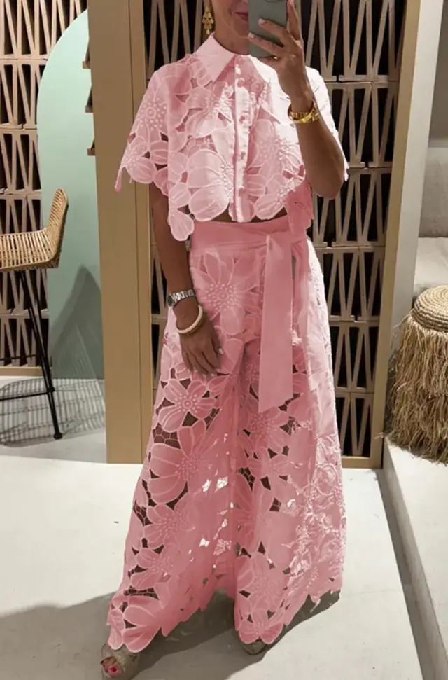 Solid Color Sexy Cutout Cardigan Top Wide Leg Pants Two piece Set Pink - Shop at LoveMi