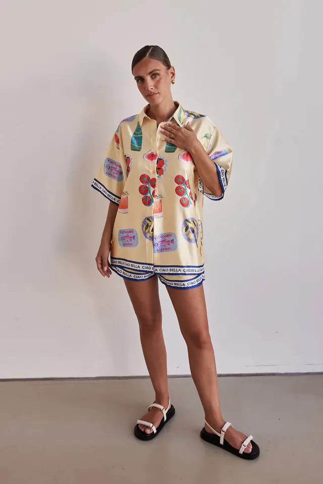 Casual Homewear Cartoon Lapel Cardigan Short Sleeve Shorts Suit Apricot - Shop at LoveMi