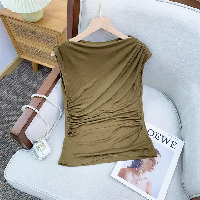 Paperman Suit Heavy Tencel Wool Off neck French Top And Skirt Mustard Gold Sleeveless - Shop at LoveMi