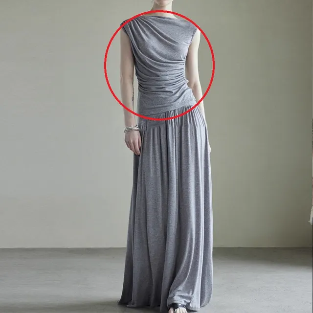 Paperman Suit Heavy Tencel Wool Off neck French Top And Skirt Smoking Gray Sleeveless - Shop at LoveMi