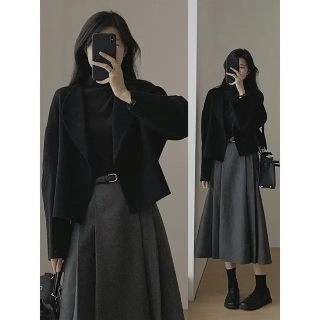 Women's Spring And Autumn Fashion Dress Suit Black Coat Gray Skirt - Shop at LoveMi
