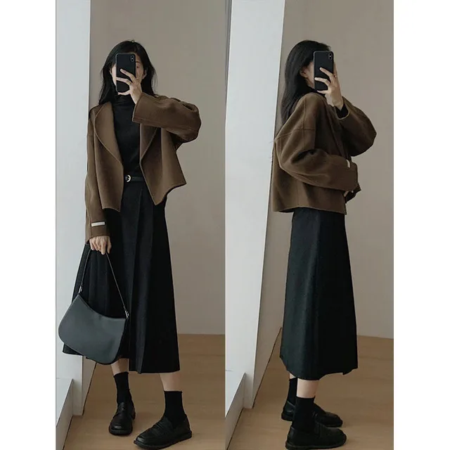 Women's Spring And Autumn Fashion Dress Suit Brown Coat Black Overskirt - Shop at LoveMi