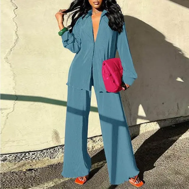 Loose Outfit Office Shirt Top Pants Loose Light Blue - Shop at LoveMi