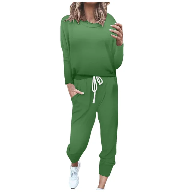 European And American Solid Color Artificial Cotton Casual Long Sleeve Pants Two piece Set Green - Shop at LoveMi