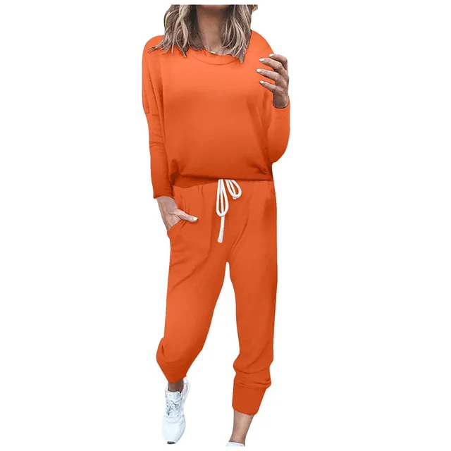 European And American Solid Color Artificial Cotton Casual Long Sleeve Pants Two piece Set Orange - Shop at LoveMi