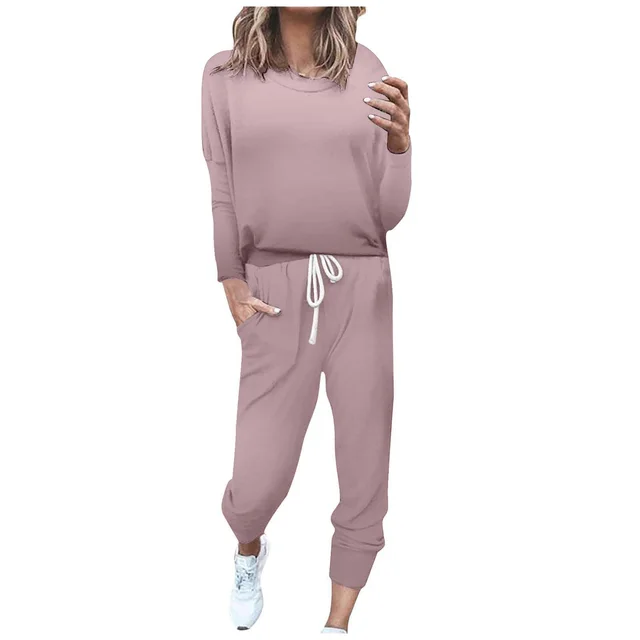 European And American Solid Color Artificial Cotton Casual Long Sleeve Pants Two piece Set Rose Pink - Shop at LoveMi
