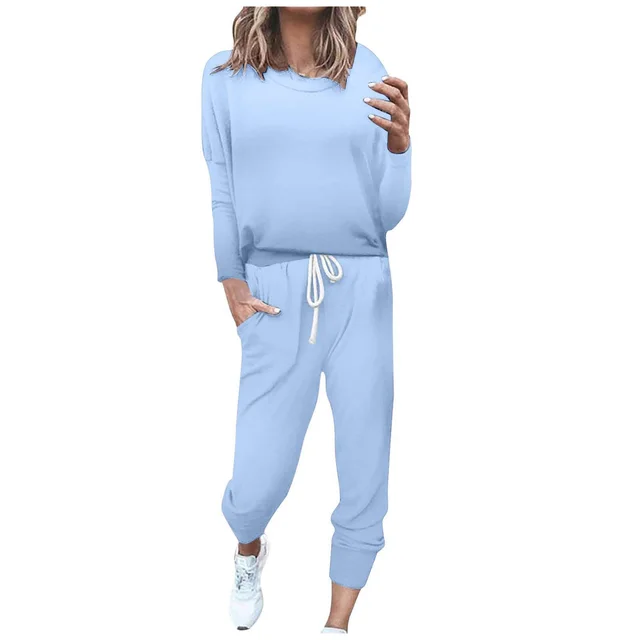 European And American Solid Color Artificial Cotton Casual Long Sleeve Pants Two piece Set Sky Blue - Shop at LoveMi