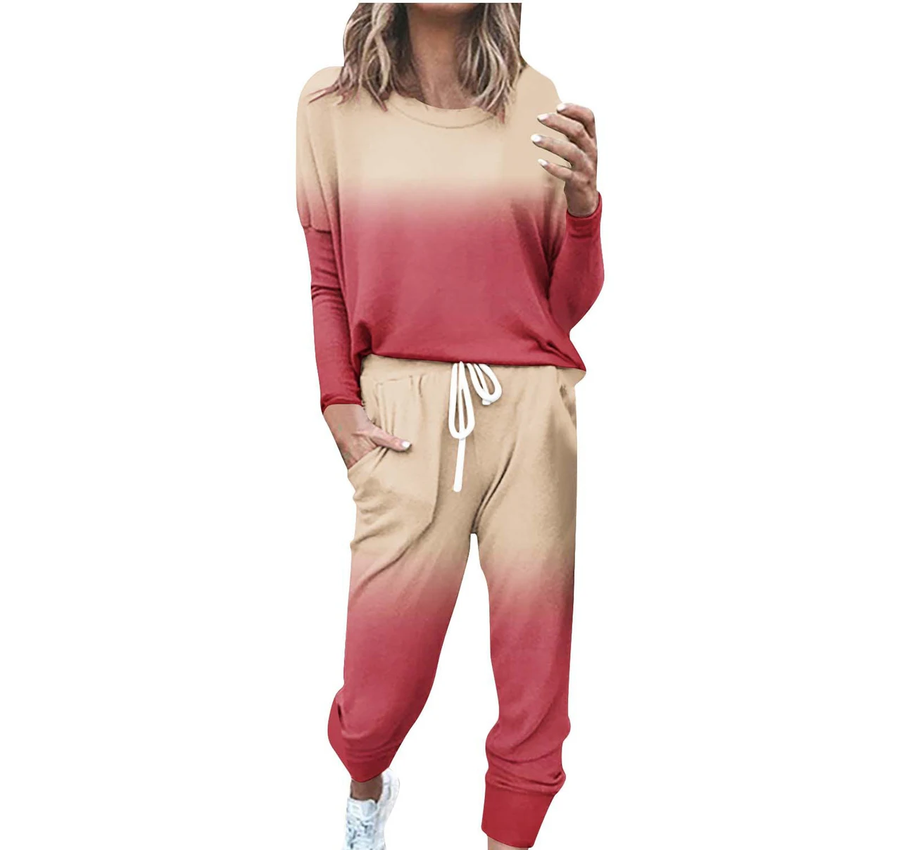 Striped Contrast Color Slim Long Sleeve Top High Waist Straight Wide Drawstring Pocket Trousers Suit - G42Z611