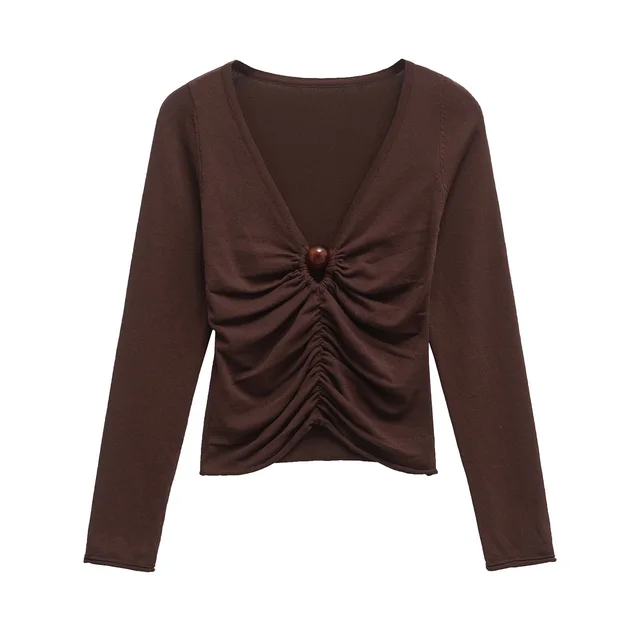 Women's V neck Pleated Slim Fit Long Sleeve Pullover Top Brown - Shop at LoveMi