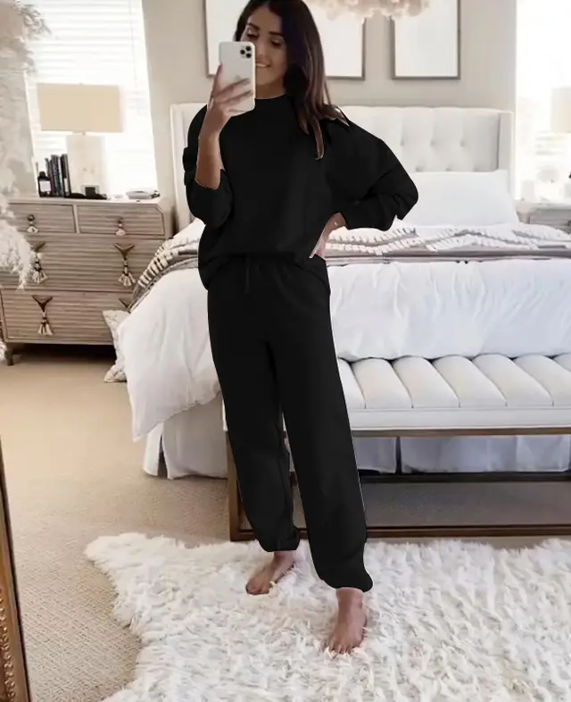 Women's New Turtleneck Velvet Padded Long Sleeve Blouse And Pants Black - Shop at LoveMi