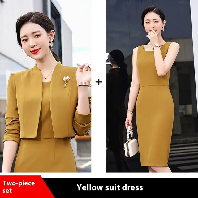 Business Suit And Dress Female Plus Size Two piece Suit Yellow Suit With Dress - Shop at LoveMi