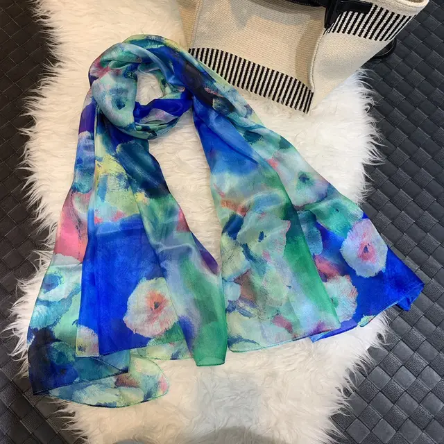 PAJ Large Long Strip Shawl Scarf Women's Scarf Gem Blue With Flowers - Shop at LoveMi