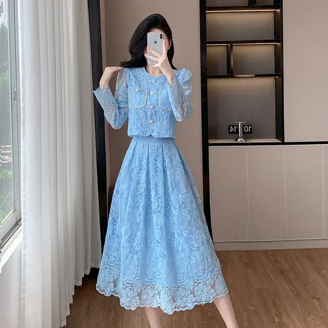 Fashionable Embroidered Suit Skirt Socialite Light Luxury Water Soluble Lace Skirt Two piece Set Blue - Shop at LoveMi