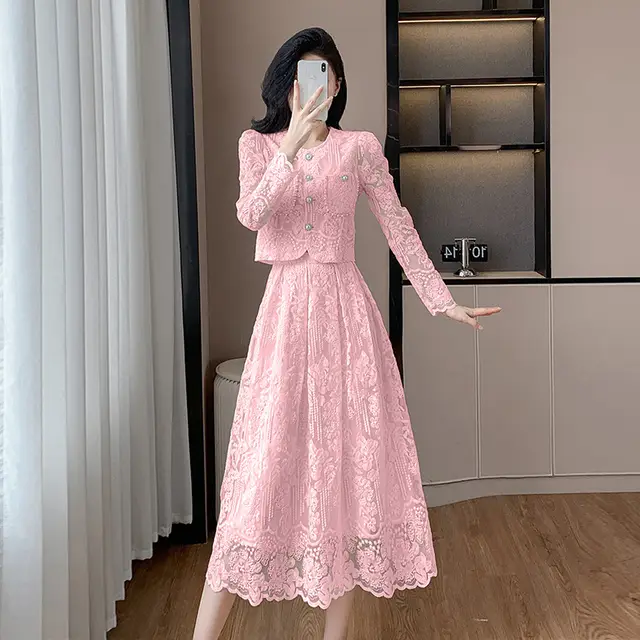 Fashionable Embroidered Suit Skirt Socialite Light Luxury Water Soluble Lace Skirt Two piece Set Pink - Shop at LoveMi