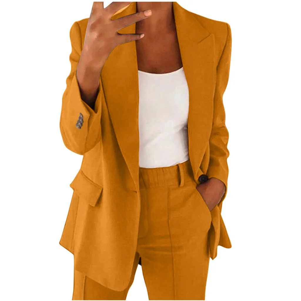 New Slim Lapel Cardigan Temperament Suit Coat Set - Yellow