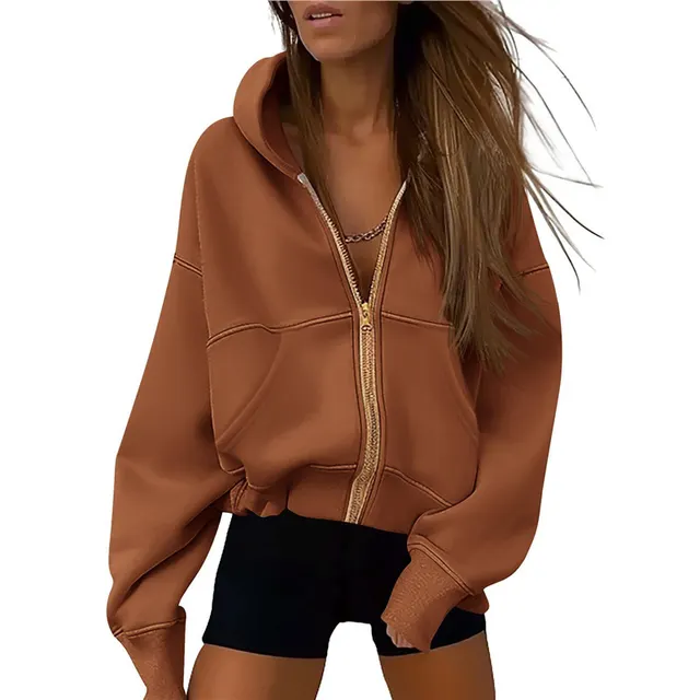 Zipper Hooded Sweatshirt Sports Long Sleeve Loose Pockets Fashion Jacket For Women Brown - Shop at LoveMi