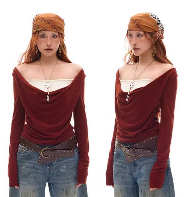 Beaded Swing Collar Knitted Top With Chest Pad Caramel Red - Shop at LoveMi