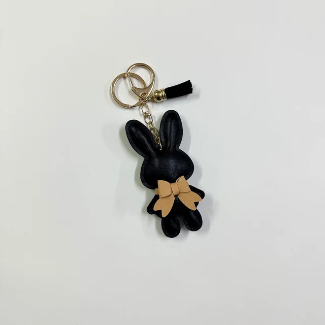 Cute Rabbit Bag Genuine Leather Car Key Ring Pendant Black Ribbon Button Tassel - Shop at LoveMi