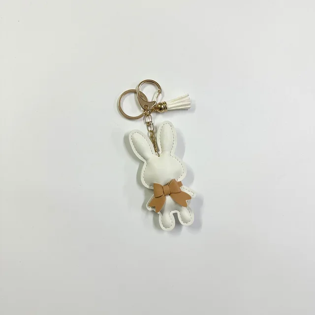 Cute Rabbit Bag Genuine Leather Car Key Ring Pendant White With Button Tassel - Shop at LoveMi