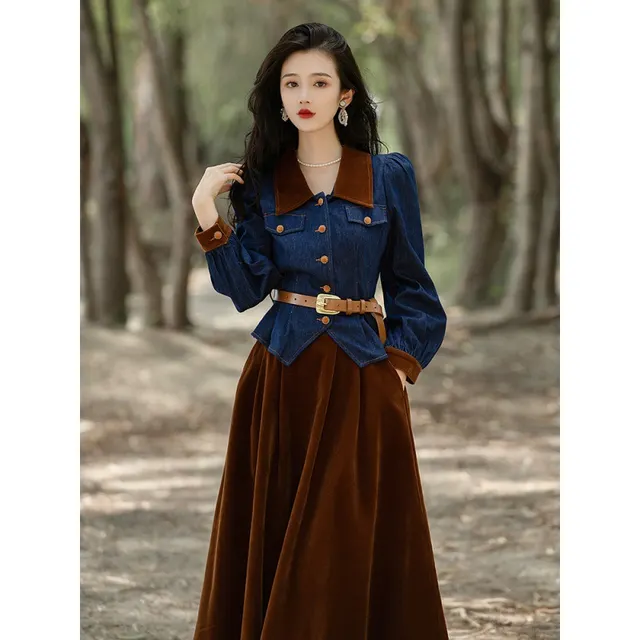 Women's Fashion Denim Top Velvet Suit Suit - Shop at LoveMi