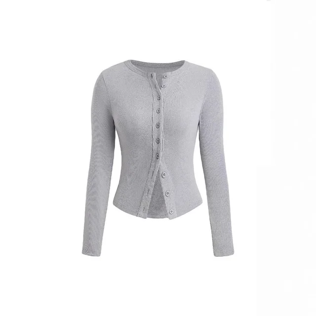 Women's Long Sleeve Clinch Sunken Stripe Round Neck T shirt Cardigan Light Gray - Shop at LoveMi