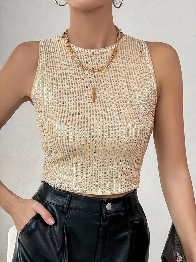 Women's Fashion Round Neck Shiny Back Buttoned Sequined Short Vest Champagne - Shop at LoveMi