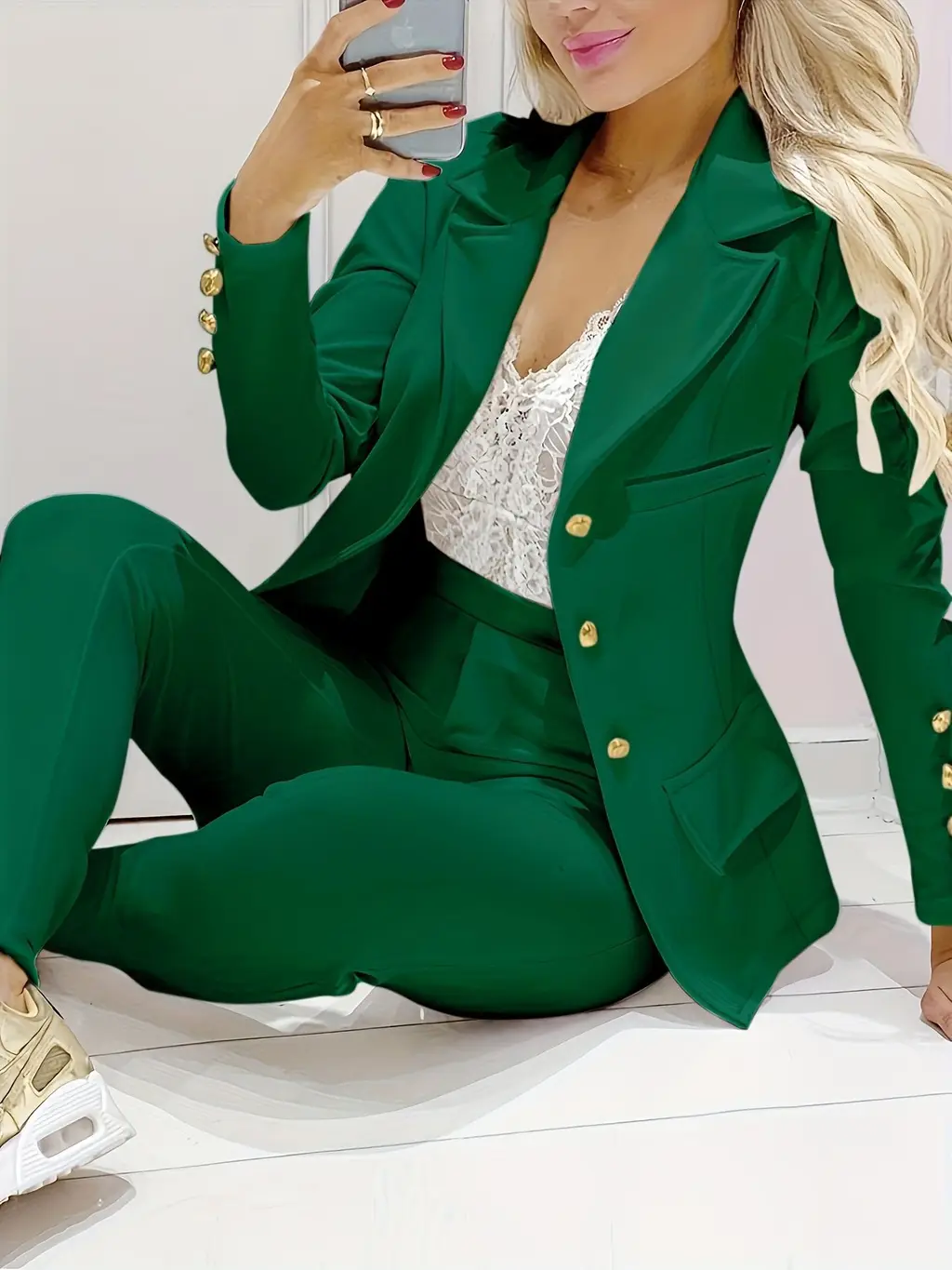 Women's Solid Color Temperament Commute Casual Suit - Green