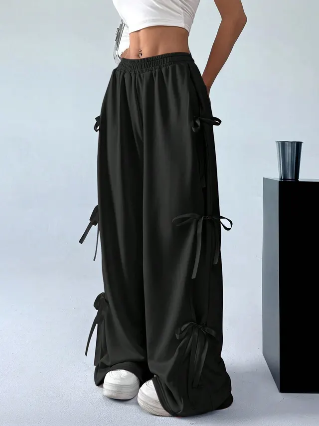 Elastic Waist Solid Color Bow Lace Up Casual Straight leg Pants Black - Shop at LoveMi