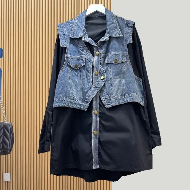 Design Sense Fake Two Pieces Denim Shirt Jacket Women Black - Shop at LoveMi