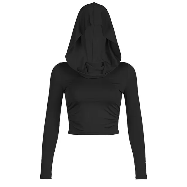 Casual Street Pleated Hooded Bottoming Slimming Top Black - Shop at LoveMi