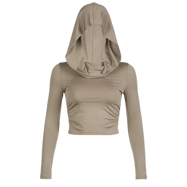 Casual Street Pleated Hooded Bottoming Slimming Top Brown - Shop at LoveMi