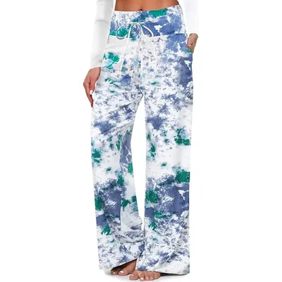 Women's Pajama Printed Wide leg Pants High Waist Sky Blue - Shop at LoveMi