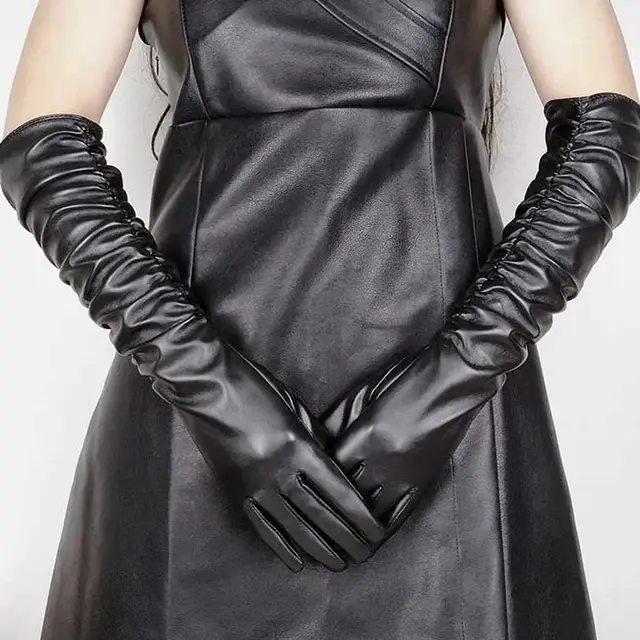 Faux Leather Long Fashion Women's Black Glossy Warm Gloves For Stage Performance Black Color & Pleats - Shop at LoveMi