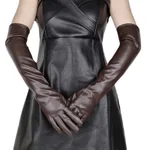 Faux Leather Long Fashion Women's Black Glossy Warm Gloves For Stage Performance - Coffee