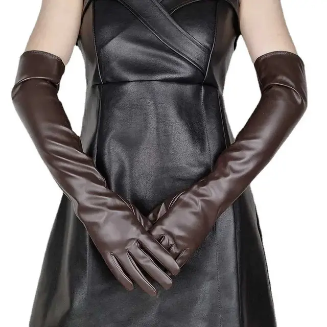 Faux Leather Long Fashion Women's Black Glossy Warm Gloves For Stage Performance Deep Coffee - Shop at LoveMi