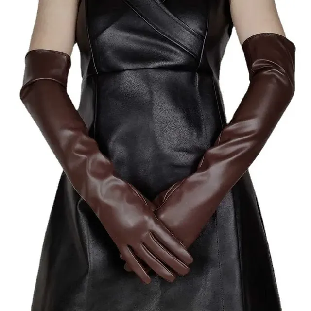Faux Leather Long Fashion Women's Black Glossy Warm Gloves For Stage Performance Light Coffee - Shop at LoveMi