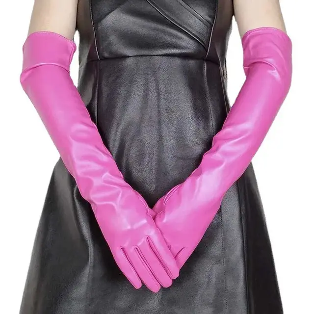 Faux Leather Long Fashion Women's Black Glossy Warm Gloves For Stage Performance Pink - Shop at LoveMi